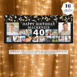 Any Birthday 16 Photo Black Gold Confetti Lights Banner<br><div class="desc">Celebrate any age birthday for him or her with a fun photo collage banner sign featuring 16 square pictures of photo memories through the years and personalised with your custom text and their age. The design features gold confetti, streamers and lights against an editable black background. CHANGES: The background colour...</div>