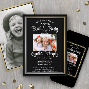 ANY Birthday 2 Photo Black, White and Gold Party Invitation