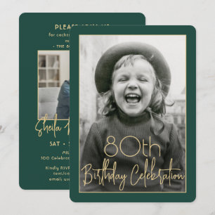 ANY Birthday 2 Photo Chic Typography Green & Gold Invitation