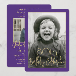 ANY Birthday 2 Photo Chic Typography Purple & Gold Invitation
