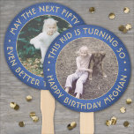 ANY Birthday 2 Photos Brushed Blue and Gold Round Hand Fan<br><div class="desc">Add a cool personalised touch to birthday party decorations with stylish custom photo blue and gold hand fans. Pictures and all wording on this template are simple to customise for any occasion or to include a favourite quote or funny saying. (IMAGE PLACEMENT TIP: An easy way to centre a photo...</div>