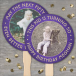 ANY Birthday 2 Photos Brushed Purple & Gold Round Hand Fan<br><div class="desc">Add a cool personalised touch to birthday party decorations with stylish custom photo purple and gold hand fans. Pictures and all wording on this template are simple to customise for any occasion or to include a favourite quote or funny saying. (IMAGE PLACEMENT TIP: An easy way to centre a photo...</div>