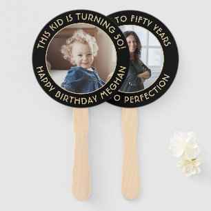 ANY Birthday 2 Photos Elegant Black and Gold Round Hand Fan