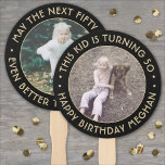 ANY Birthday 2 Photos Elegant Black and Gold Round Hand Fan<br><div class="desc">Add a cool personalised touch to birthday party decorations with stylish custom photo black and gold hand fans. Pictures and all wording on this template are simple to customise for any occasion or to include a favourite quote or funny saying. (IMAGE PLACEMENT TIP: An easy way to centre a photo...</div>