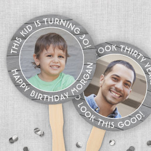 ANY Birthday 2 Round Photos Simple Grey Faux Wood Hand Fan
