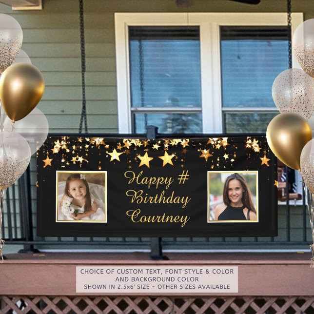 Any Birthday Black Gold Stars 2 Photos Custom Text Banner (Creator Uploaded)