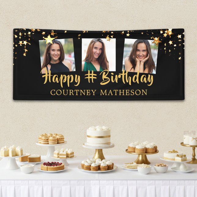 Any Birthday Black Gold Stars Photo Personalised Banner (Creator Uploaded)