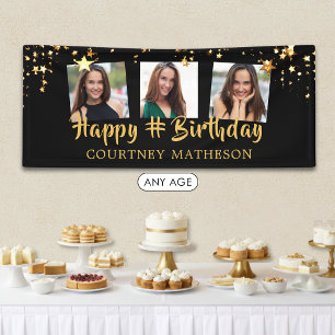 Any Birthday Black Gold Stars Photo Personalised Banner