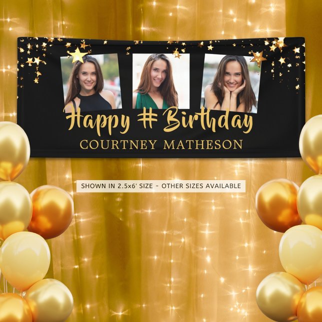 Any Birthday Black Gold Stars Photo Personalised Banner (Creator Uploaded)