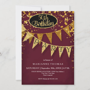 Any Birthday Burgundy Gold Pennant Banner Confetti Invitation