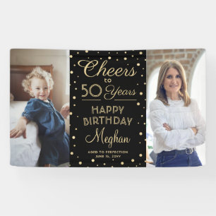 ANY Birthday Cheers Black & Gold Confetti 2 Photo Banner