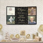 ANY Birthday Cheers Black Gold Confetti  Four Phot Banner<br><div class="desc">Celebrate a happy milestone birthday with a custom 4 photo collage black and gold party banner. (IMAGE PLACEMENT TIP: An easy way to centre a picture exactly how you want is to crop it before uploading to the Zazzle website.) Design features four square photos of your choice, modern script calligraphy...</div>
