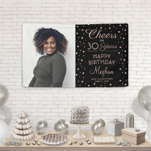 ANY Birthday Cheers Black & Pink Confetti 1 Photo Banner