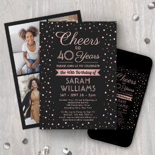 ANY Birthday Cheers Black & Pink Confetti 4 Photo Invitation
