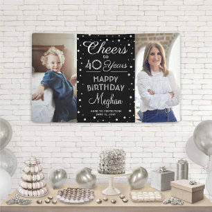 ANY Birthday Cheers Black Silver Confetti 2 Photo Banner