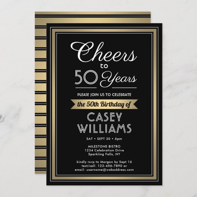 ANY Birthday Cheers Black, White and Gold Party Invitation (Front/Back)