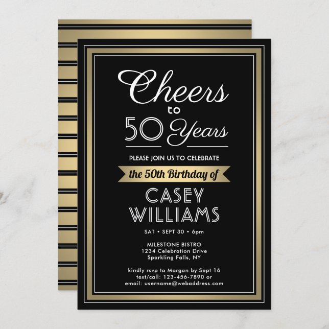 ANY Birthday Cheers Black, White and Gold Party Invitation (Front/Back)