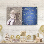 ANY Birthday Cheers Brushed Blue and Gold 1 Photo Banner<br><div class="desc">Celebrate a happy milestone birthday with a custom photo blue and gold party banner. Design features an image of your choice, modern script calligraphy editable "Cheers to 50 Years" and foil look confetti dots on a royal blue faux brushed stainless steel background. Please note that gold is printed colour, not...</div>