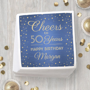 ANY Birthday Cheers Brushed Blue and Gold Confetti Napkin