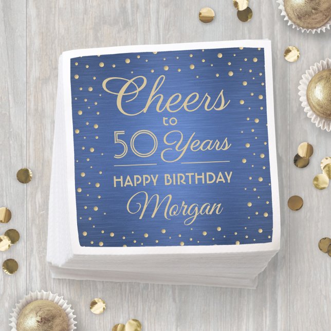 ANY Birthday Cheers Brushed Blue and Gold Confetti Napkin (Creator Uploaded)