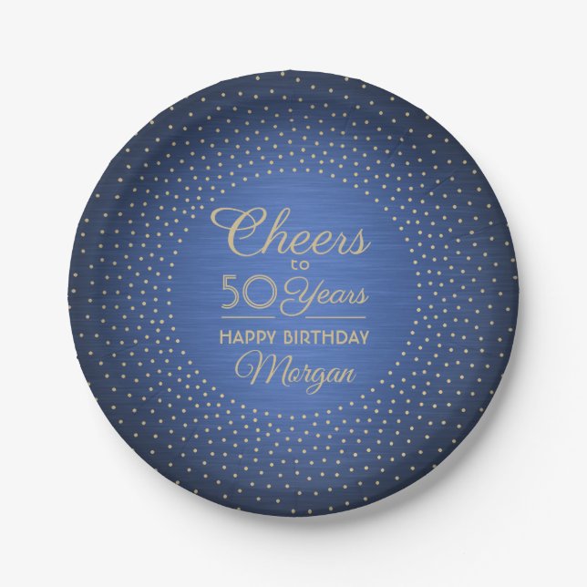 ANY Birthday Cheers Brushed Blue and Gold Confetti Paper Plate (Front)