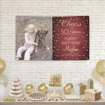 ANY Birthday Cheers Brushed Burgundy Gold 1 Photo Banner<br><div class="desc">Celebrate a happy milestone birthday with a custom photo burgundy and gold party banner. Design features an image of your choice, modern script calligraphy editable "Cheers to 50 Years" and foil look confetti dots on a maroon red faux brushed stainless steel background. Please note that gold is printed colour, not...</div>
