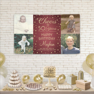 ANY Birthday Cheers Brushed Burgundy Gold 4 Photo Banner