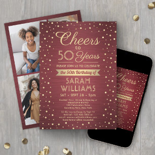 ANY Birthday Cheers Brushed Burgundy Gold 4 Photo Invitation