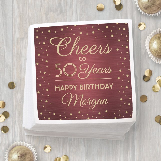 ANY Birthday Cheers Brushed Burgundy Gold Confetti Napkin (Creator Uploaded)