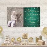 ANY Birthday Cheers Brushed Green and Gold 1 Photo Banner<br><div class="desc">Celebrate a happy milestone birthday with a custom photo green and gold party banner. Design features an image of your choice, modern script calligraphy editable "Cheers to 50 Years" and foil look confetti dots on a green faux brushed stainless steel background. Please note that gold is printed colour, not metallic...</div>
