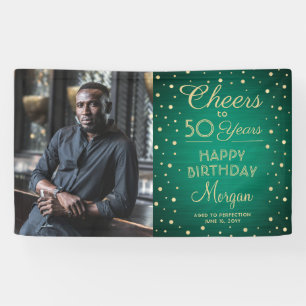ANY Birthday Cheers Brushed Green and Gold 1 Photo Banner