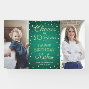 ANY Birthday Cheers Brushed Green and Gold 2 Photo Banner
