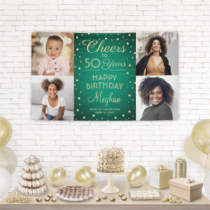 ANY Birthday Cheers Brushed Green and Gold 4 Photo Banner