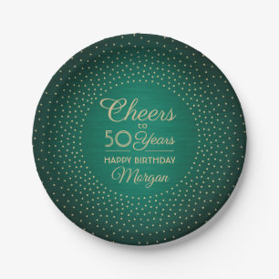 ANY Birthday Cheers Brushed Green & Gold Confetti Paper Plate