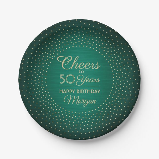 ANY Birthday Cheers Brushed Green & Gold Confetti Paper Plate (Front)