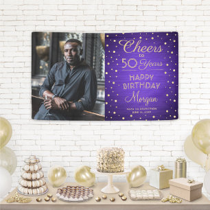 ANY Birthday Cheers Brushed Purple & Gold 1 Photo Banner