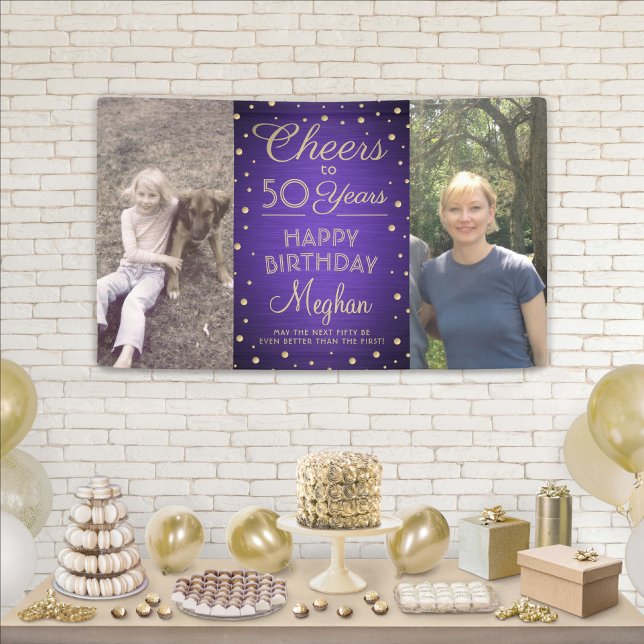 ANY Birthday Cheers Brushed Purple & Gold 2 Photo Banner (Creator Uploaded)