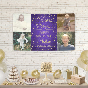 ANY Birthday Cheers Brushed Purple & Gold 4 Photo Banner