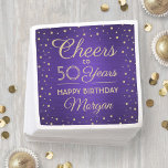 ANY Birthday Cheers Brushed Purple & Gold Confetti Napkin<br><div class="desc">Add an elegant personalized touch to birthday party decorations with these custom purple and gold paper napkins. This template is set up for a golden fiftieth birthday celebration, but is simple to customize to a different year. Design features modern script calligraphy editable "Cheers to 50 Years" and foil look confetti...</div>