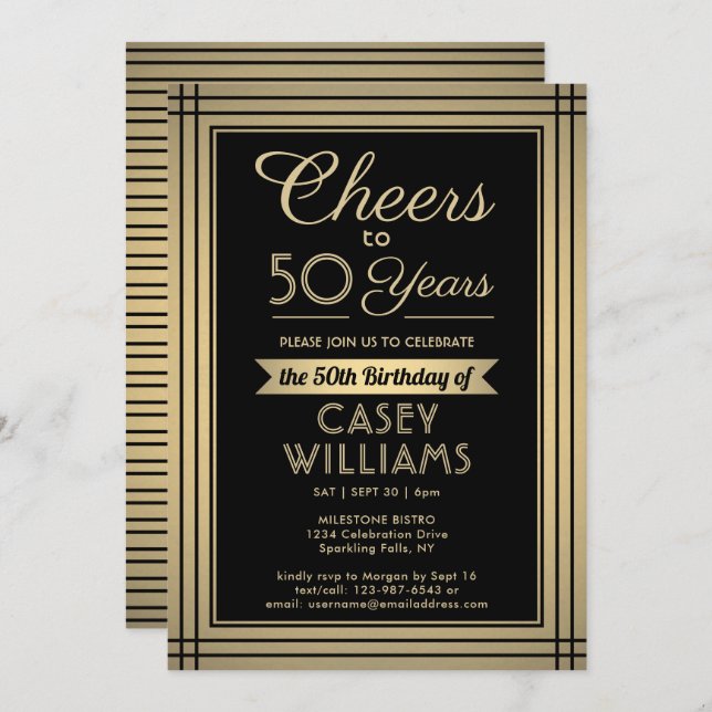 ANY Birthday Cheers Classic Border Black and Gold Invitation (Front/Back)