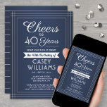 ANY Birthday Cheers Classic Border Navy Blue White Invitation<br><div class="desc">Invite family and friends to an elegant birthday celebration with custom navy blue and white party invitations. All wording on this template (including "Cheers to 40 Years") is set up for a 40th birthday, but is simple to personalise for any year or event type. The design features a modern striped...</div>