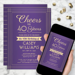 ANY Birthday Cheers Classic Border Purple and Gold Invitation