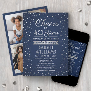 ANY Birthday Cheers Confetti Navy & White 4 Photo Invitation