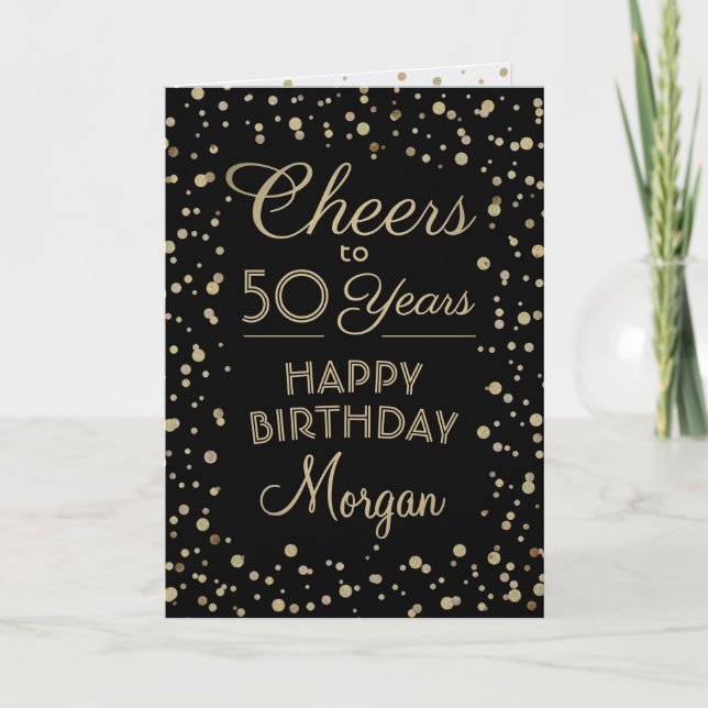 ANY Birthday Cheers Elegant Black and Gold Glitter Card (Front)