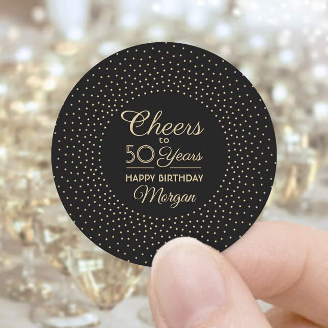 ANY Birthday Cheers Elegant Black and Gold Glitter Classic Round Sticker (Creator Uploaded)