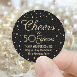 ANY Birthday Cheers Elegant Black & Gold Confetti Classic Round Sticker