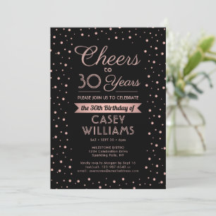 ANY Birthday Cheers Elegant Black & Pink Confetti Invitation