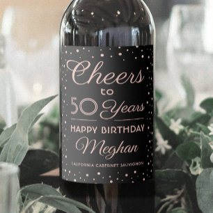 ANY Birthday Cheers Elegant Black & Pink Confetti Wine Label