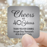 ANY Birthday Cheers Elegant Black Silver Faux Foil Square Sticker<br><div class="desc">Add a personalised finishing touch to birthday party thank you notes or favours with custom black and silver square stickers / envelope seals. All text is simple to customise or delete. This template is set up for a 40th birthday, but can easily be changed to another year or event, such...</div>