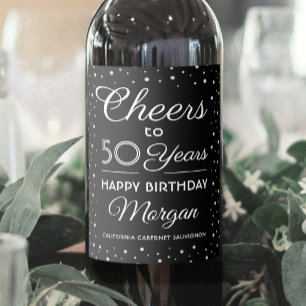 ANY Birthday Cheers Elegant Black & White Confetti Wine Label